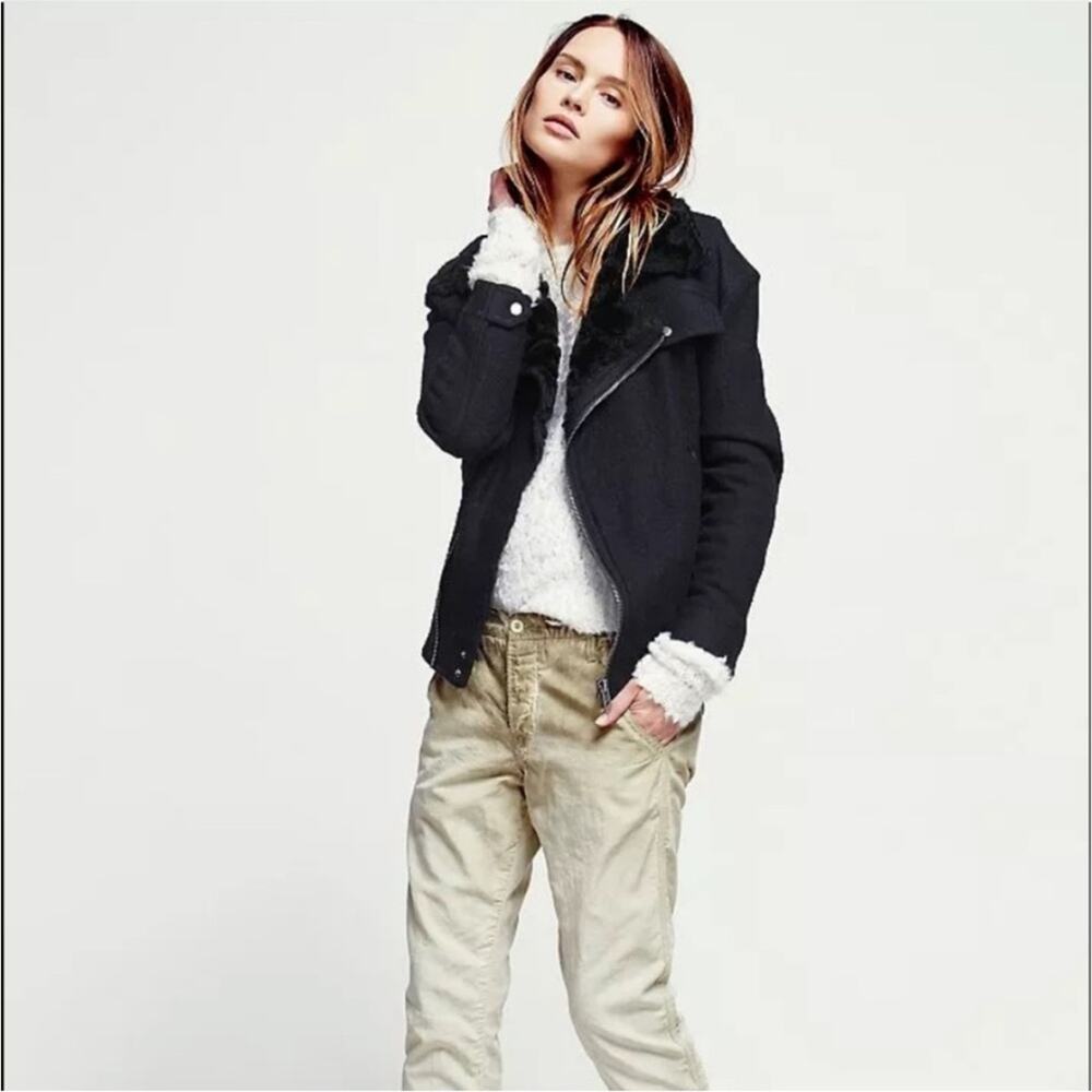 Free People Black Simple Salute Wool Faux Fur Collar Moto Military Jacket S - Picture 4 of 16